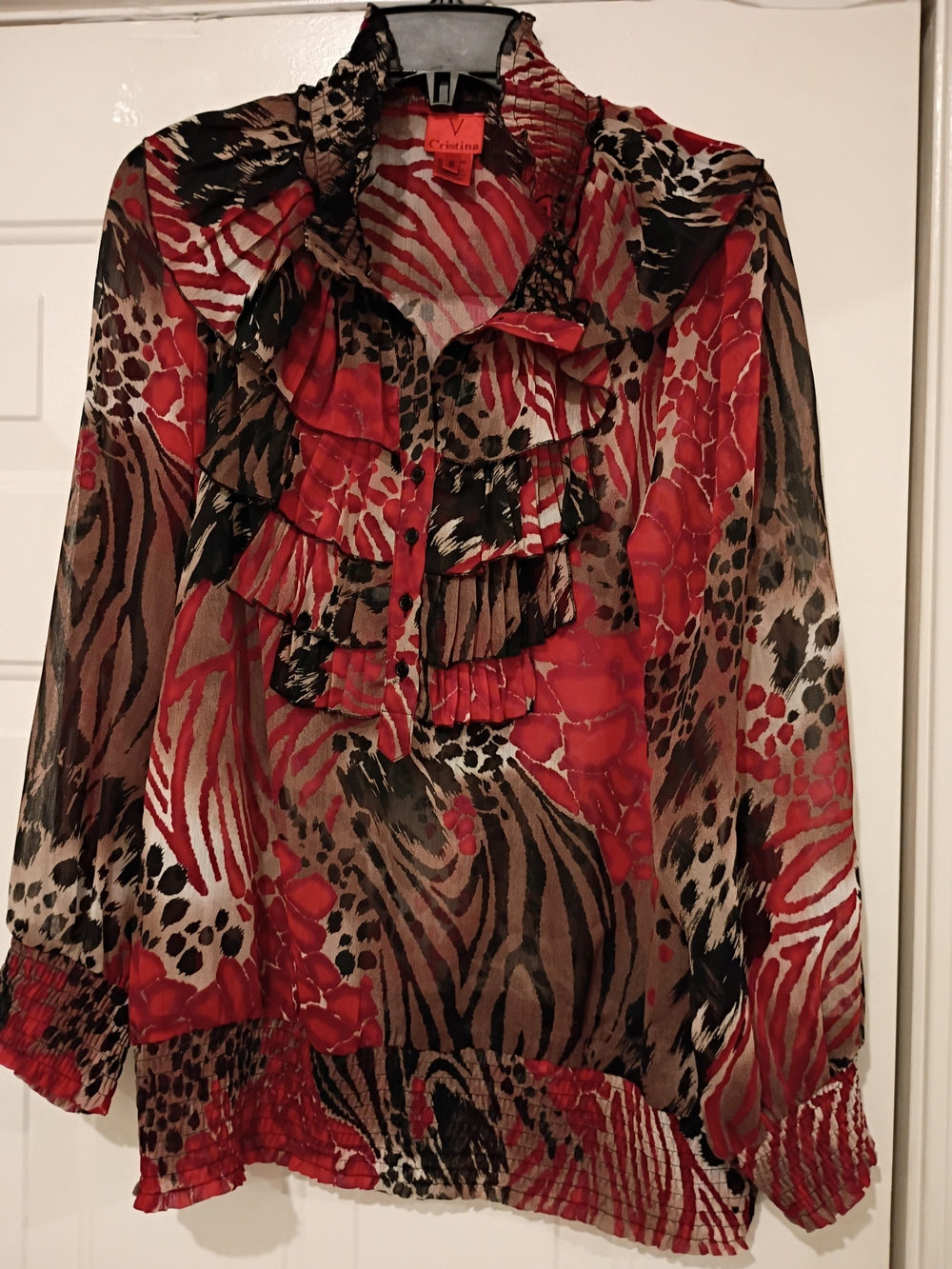 Christina Red Brown Black Sheer Animal-Print Ruffle Blouse